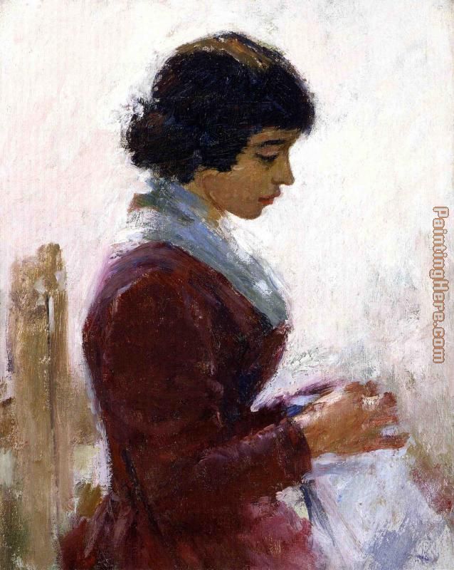 Girl in Red Sewing painting - Theodore Robinson Girl in Red Sewing art painting